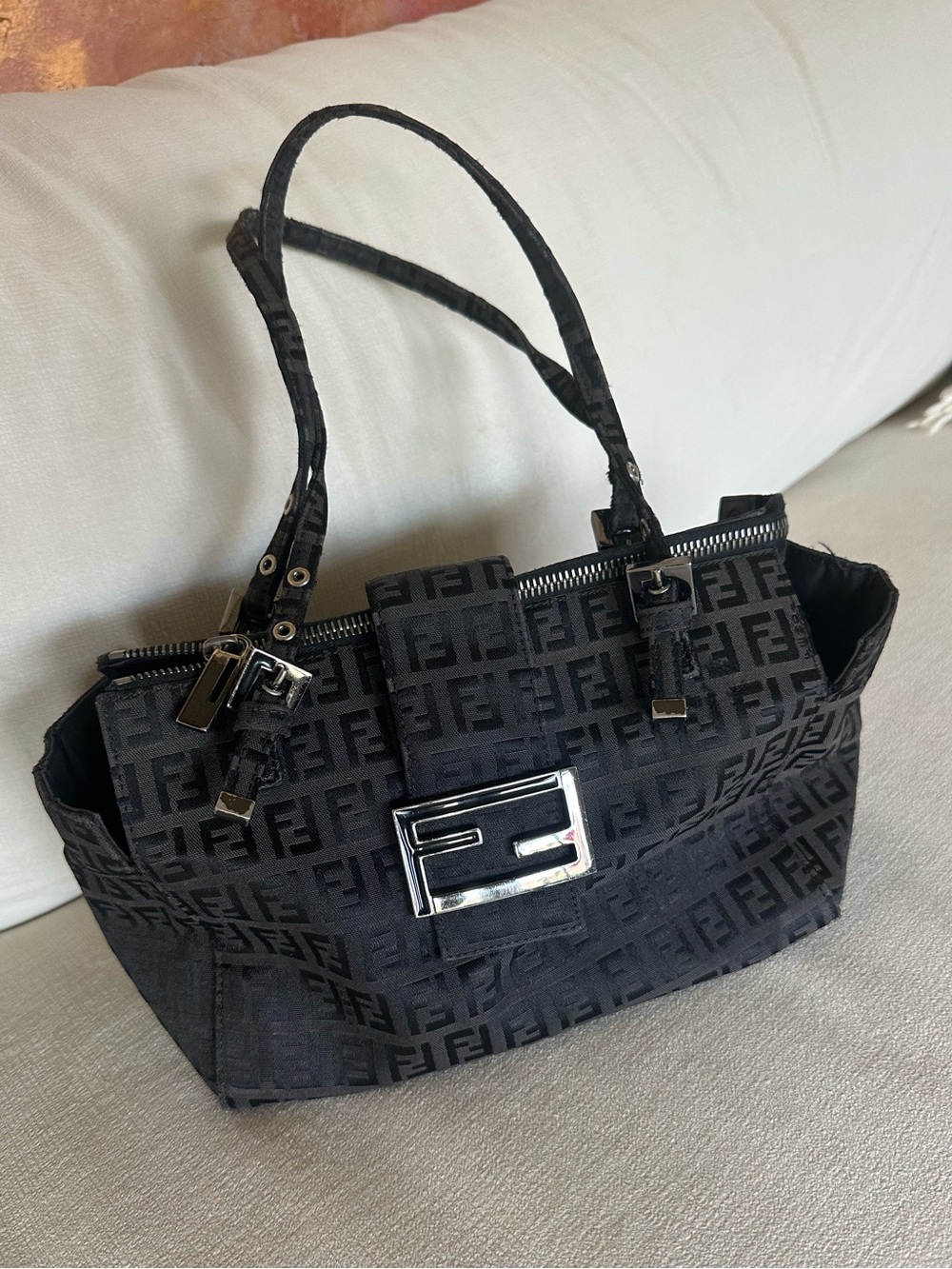 Fendi zucca canvas shoulder purse vintage bento box baguette bag